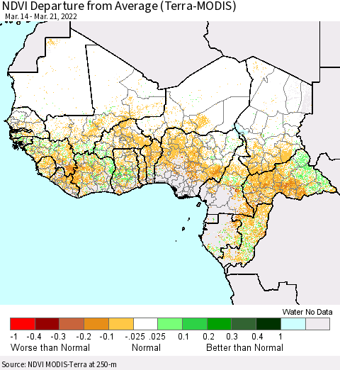 Western Africa NDVI Departure from Average (Terra-MODIS) Thematic Map For 3/14/2022 - 3/21/2022