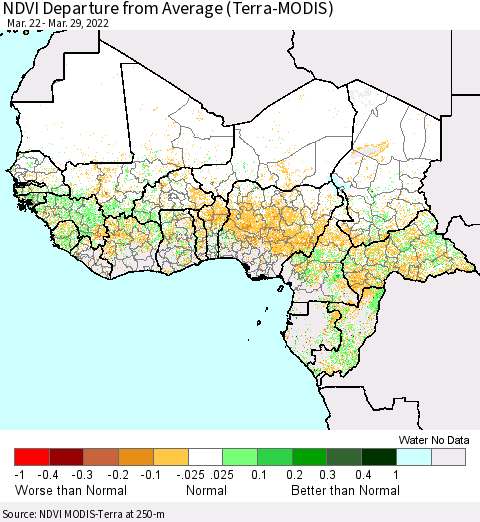 Western Africa NDVI Departure from Average (Terra-MODIS) Thematic Map For 3/22/2022 - 3/29/2022