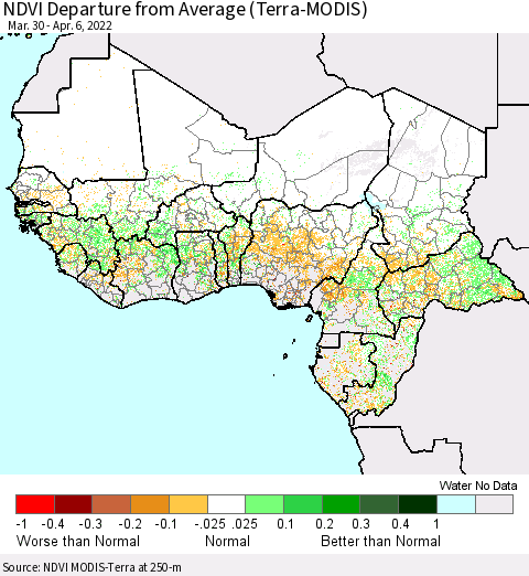 Western Africa NDVI Departure from Average (Terra-MODIS) Thematic Map For 3/30/2022 - 4/6/2022