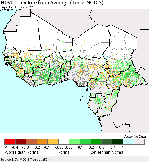 Western Africa NDVI Departure from Average (Terra-MODIS) Thematic Map For 4/15/2022 - 4/22/2022