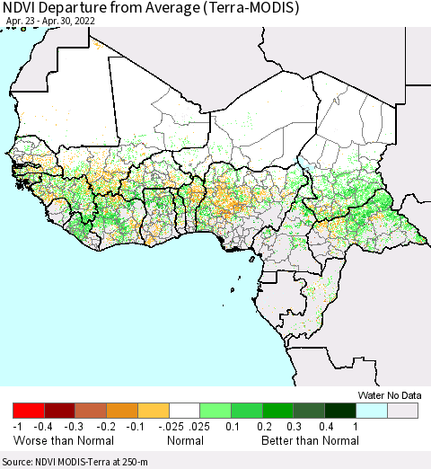 Western Africa NDVI Departure from Average (Terra-MODIS) Thematic Map For 4/23/2022 - 4/30/2022