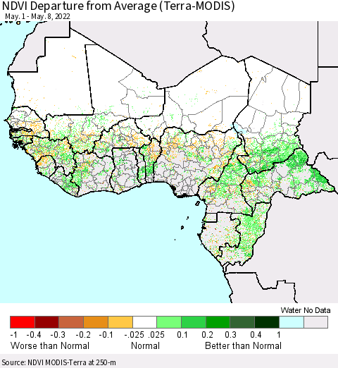 Western Africa NDVI Departure from Average (Terra-MODIS) Thematic Map For 5/1/2022 - 5/8/2022