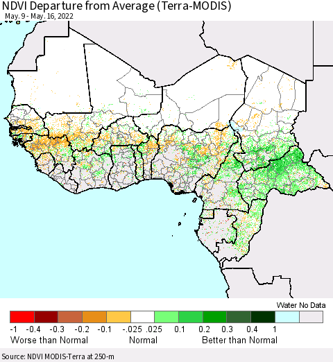 Western Africa NDVI Departure from Average (Terra-MODIS) Thematic Map For 5/9/2022 - 5/16/2022