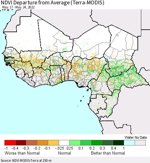 Western Africa NDVI Departure from Average (Terra-MODIS) Thematic Map For 5/17/2022 - 5/24/2022