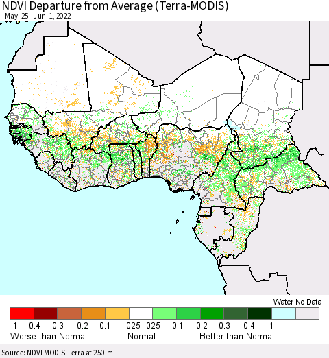Western Africa NDVI Departure from Average (Terra-MODIS) Thematic Map For 5/25/2022 - 6/1/2022