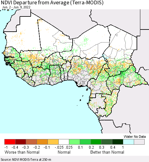 Western Africa NDVI Departure from Average (Terra-MODIS) Thematic Map For 6/2/2022 - 6/9/2022