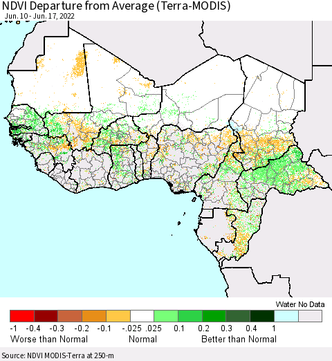 Western Africa NDVI Departure from Average (Terra-MODIS) Thematic Map For 6/10/2022 - 6/17/2022
