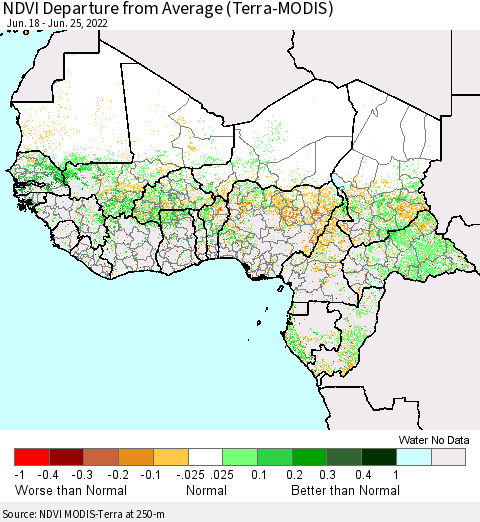 Western Africa NDVI Departure from Average (Terra-MODIS) Thematic Map For 6/18/2022 - 6/25/2022