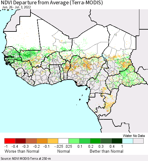 Western Africa NDVI Departure from Average (Terra-MODIS) Thematic Map For 6/26/2022 - 7/3/2022