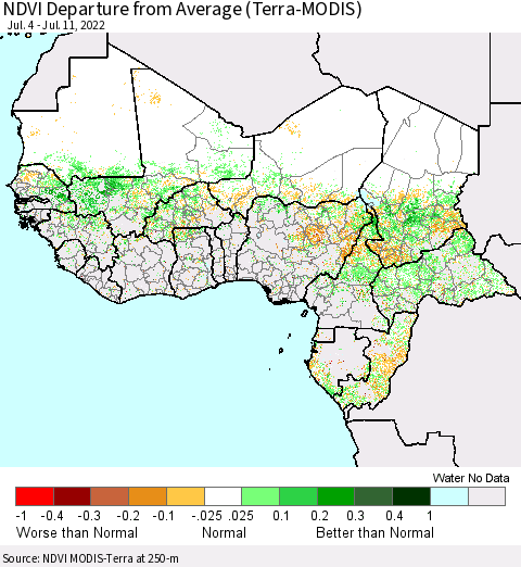Western Africa NDVI Departure from Average (Terra-MODIS) Thematic Map For 7/4/2022 - 7/11/2022