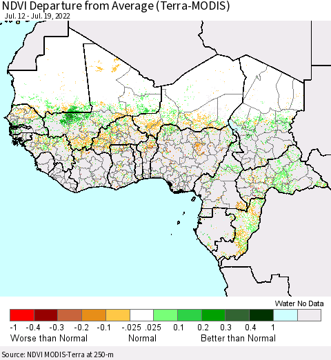 Western Africa NDVI Departure from Average (Terra-MODIS) Thematic Map For 7/12/2022 - 7/19/2022