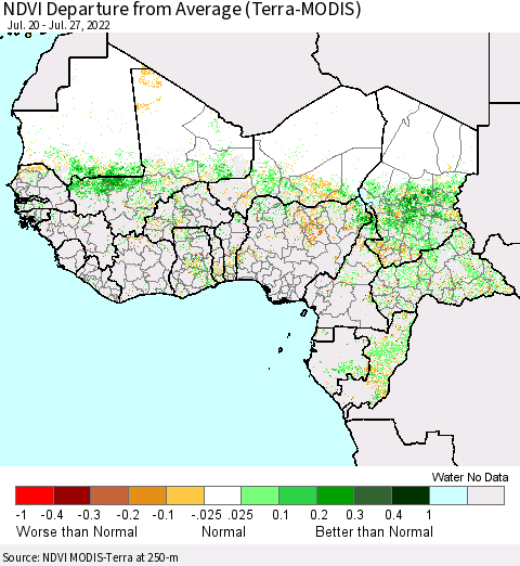 Western Africa NDVI Departure from Average (Terra-MODIS) Thematic Map For 7/20/2022 - 7/27/2022