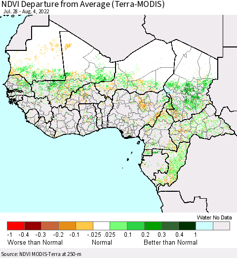 Western Africa NDVI Departure from Average (Terra-MODIS) Thematic Map For 7/28/2022 - 8/4/2022