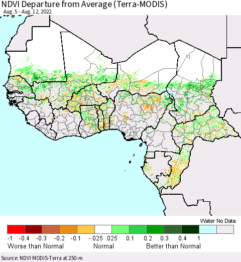 Western Africa NDVI Departure from Average (Terra-MODIS) Thematic Map For 8/5/2022 - 8/12/2022