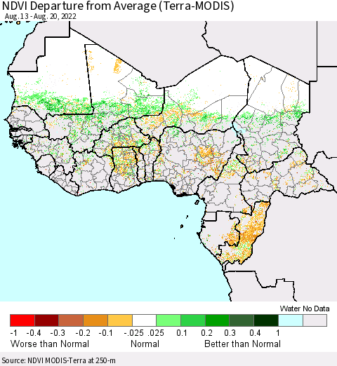 Western Africa NDVI Departure from Average (Terra-MODIS) Thematic Map For 8/13/2022 - 8/20/2022