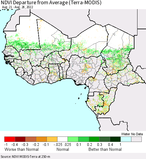 Western Africa NDVI Departure from Average (Terra-MODIS) Thematic Map For 8/21/2022 - 8/28/2022