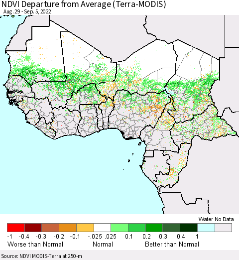 Western Africa NDVI Departure from Average (Terra-MODIS) Thematic Map For 8/29/2022 - 9/5/2022