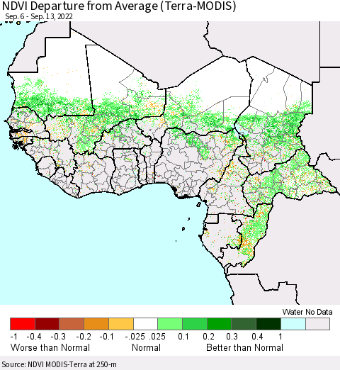 Western Africa NDVI Departure from Average (Terra-MODIS) Thematic Map For 9/6/2022 - 9/13/2022