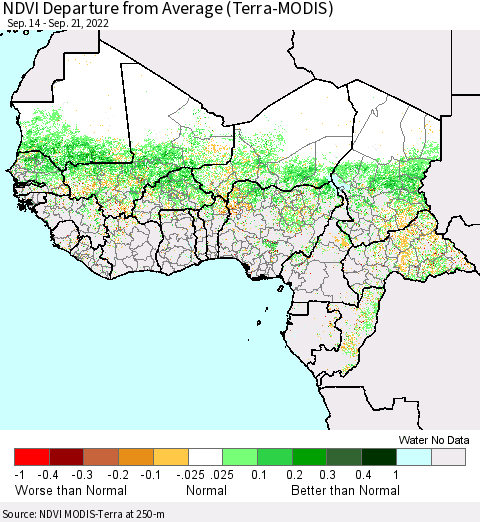 Western Africa NDVI Departure from Average (Terra-MODIS) Thematic Map For 9/14/2022 - 9/21/2022