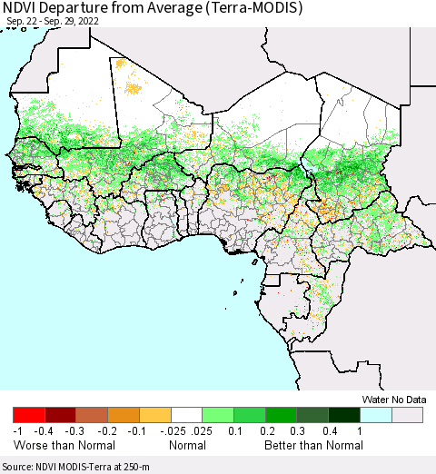 Western Africa NDVI Departure from Average (Terra-MODIS) Thematic Map For 9/22/2022 - 9/29/2022