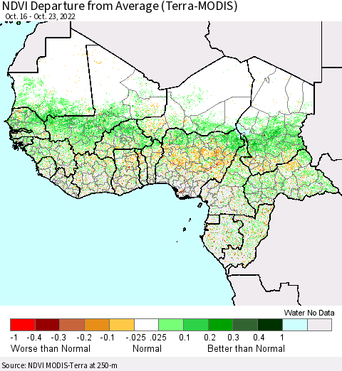 Western Africa NDVI Departure from Average (Terra-MODIS) Thematic Map For 10/16/2022 - 10/23/2022