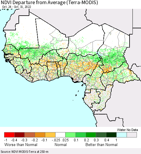 Western Africa NDVI Departure from Average (Terra-MODIS) Thematic Map For 10/24/2022 - 10/31/2022