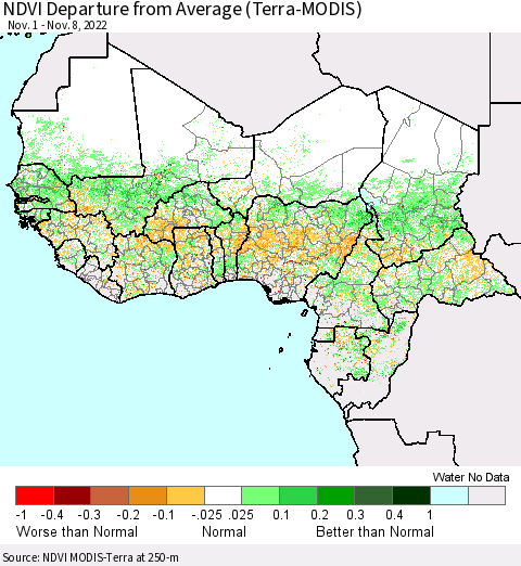 Western Africa NDVI Departure from Average (Terra-MODIS) Thematic Map For 11/1/2022 - 11/8/2022