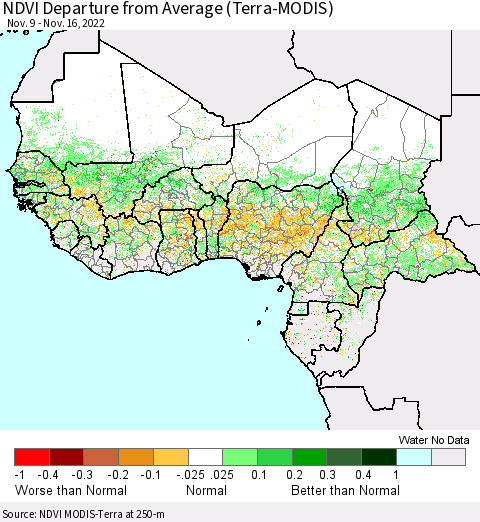 Western Africa NDVI Departure from Average (Terra-MODIS) Thematic Map For 11/9/2022 - 11/16/2022