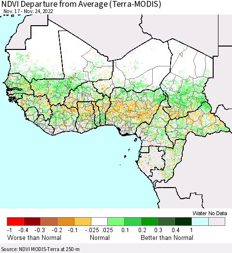 Western Africa NDVI Departure from Average (Terra-MODIS) Thematic Map For 11/17/2022 - 11/24/2022