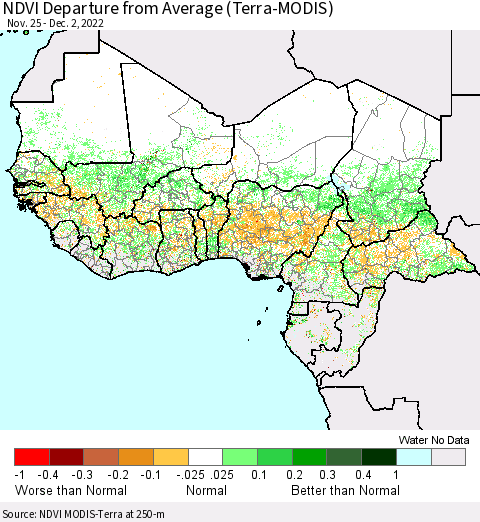 Western Africa NDVI Departure from Average (Terra-MODIS) Thematic Map For 11/25/2022 - 12/2/2022