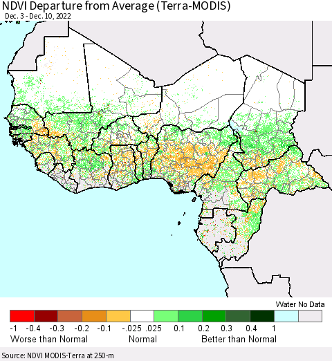 Western Africa NDVI Departure from Average (Terra-MODIS) Thematic Map For 12/3/2022 - 12/10/2022