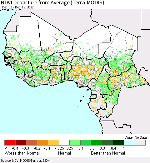 Western Africa NDVI Departure from Average (Terra-MODIS) Thematic Map For 12/11/2022 - 12/18/2022