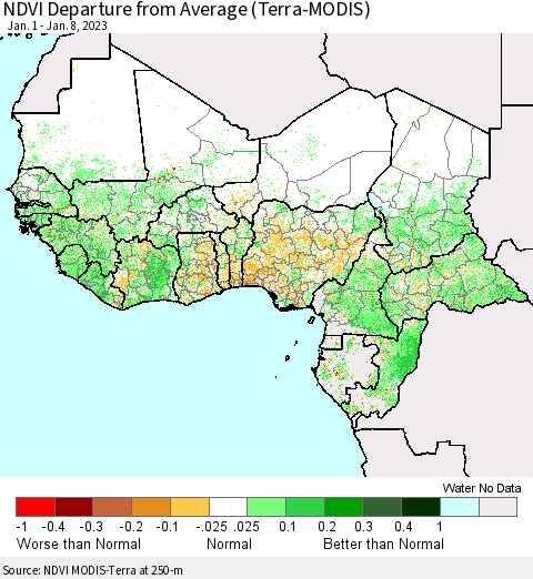 Western Africa NDVI Departure from Average (Terra-MODIS) Thematic Map For 1/1/2023 - 1/8/2023