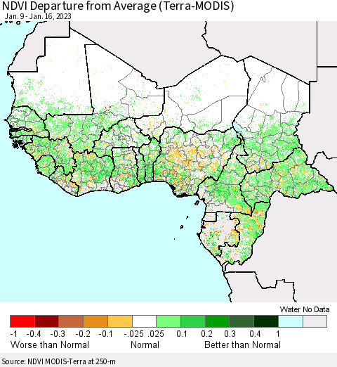 Western Africa NDVI Departure from Average (Terra-MODIS) Thematic Map For 1/9/2023 - 1/16/2023