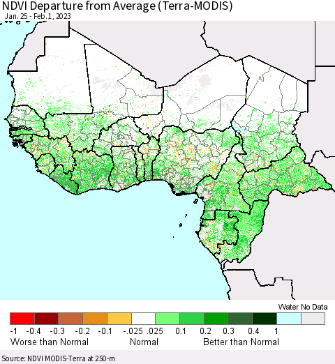 Western Africa NDVI Departure from Average (Terra-MODIS) Thematic Map For 1/25/2023 - 2/1/2023