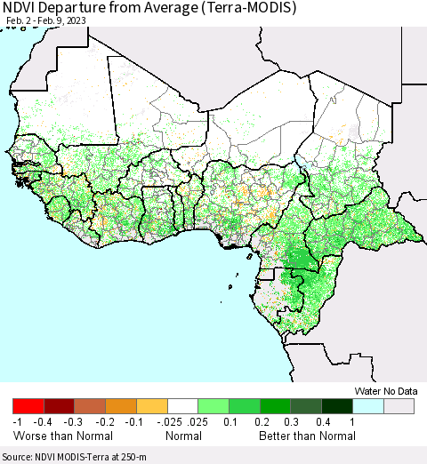 Western Africa NDVI Departure from Average (Terra-MODIS) Thematic Map For 2/2/2023 - 2/9/2023