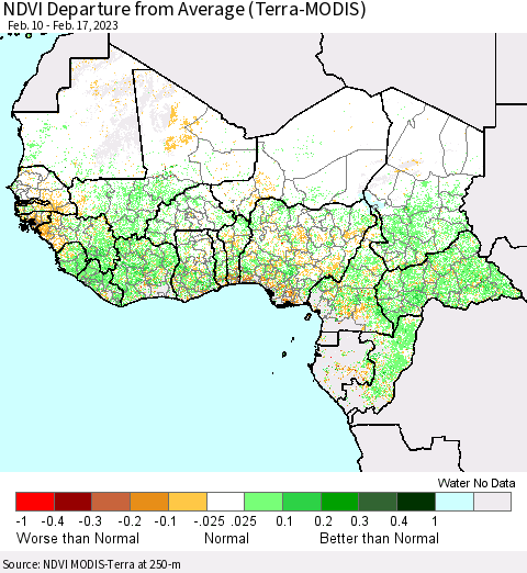 Western Africa NDVI Departure from Average (Terra-MODIS) Thematic Map For 2/10/2023 - 2/17/2023