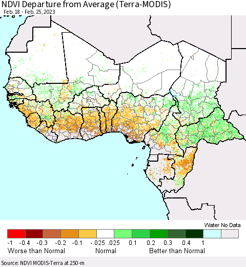Western Africa NDVI Departure from Average (Terra-MODIS) Thematic Map For 2/18/2023 - 2/25/2023