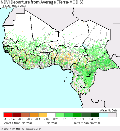 Western Africa NDVI Departure from Average (Terra-MODIS) Thematic Map For 2/26/2023 - 3/5/2023
