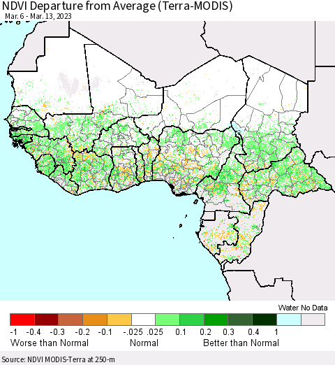 Western Africa NDVI Departure from Average (Terra-MODIS) Thematic Map For 3/6/2023 - 3/13/2023