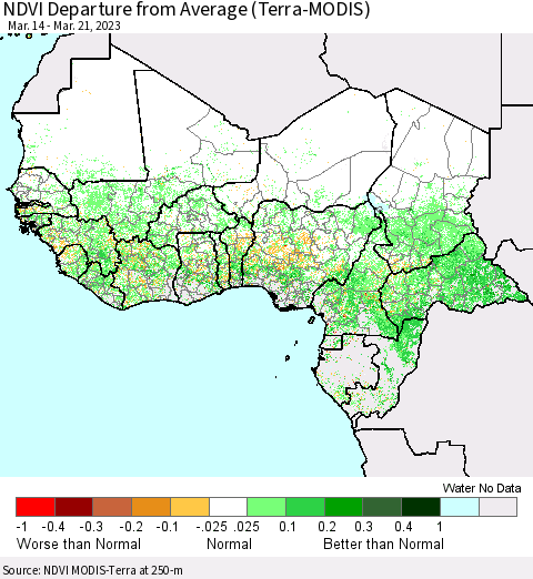 Western Africa NDVI Departure from Average (Terra-MODIS) Thematic Map For 3/14/2023 - 3/21/2023