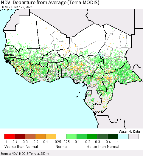 Western Africa NDVI Departure from Average (Terra-MODIS) Thematic Map For 3/22/2023 - 3/29/2023