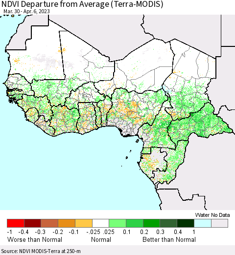 Western Africa NDVI Departure from Average (Terra-MODIS) Thematic Map For 3/30/2023 - 4/6/2023