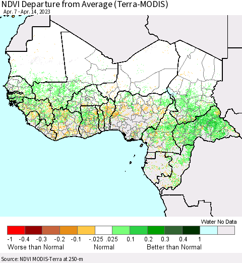 Western Africa NDVI Departure from Average (Terra-MODIS) Thematic Map For 4/7/2023 - 4/14/2023