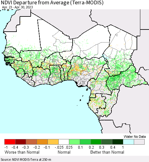 Western Africa NDVI Departure from Average (Terra-MODIS) Thematic Map For 4/23/2023 - 4/30/2023