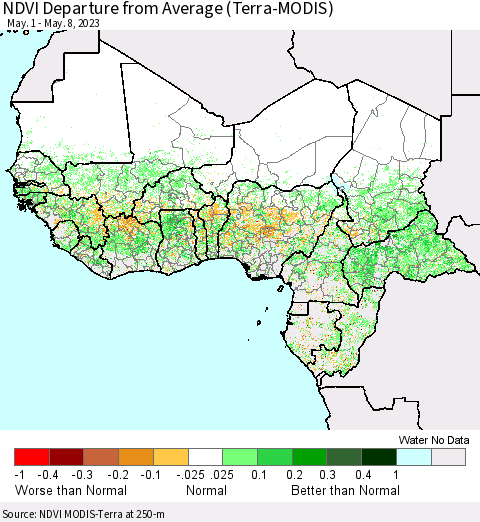Western Africa NDVI Departure from Average (Terra-MODIS) Thematic Map For 5/1/2023 - 5/8/2023