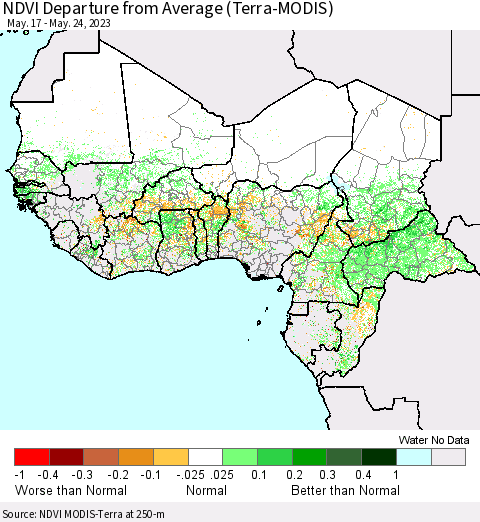 Western Africa NDVI Departure from Average (Terra-MODIS) Thematic Map For 5/17/2023 - 5/24/2023