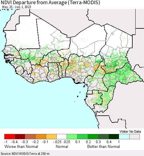 Western Africa NDVI Departure from Average (Terra-MODIS) Thematic Map For 5/25/2023 - 6/1/2023