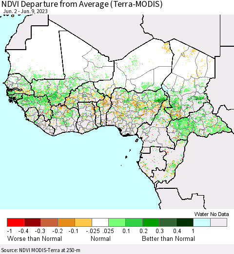 Western Africa NDVI Departure from Average (Terra-MODIS) Thematic Map For 6/2/2023 - 6/9/2023