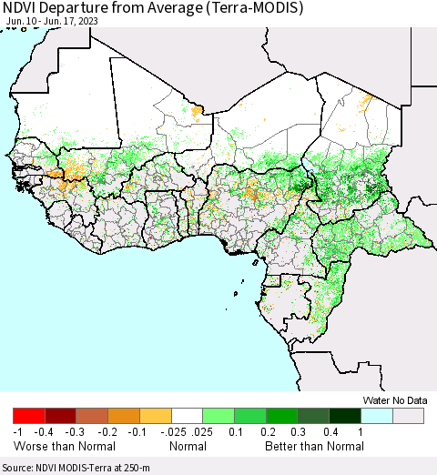 Western Africa NDVI Departure from Average (Terra-MODIS) Thematic Map For 6/10/2023 - 6/17/2023